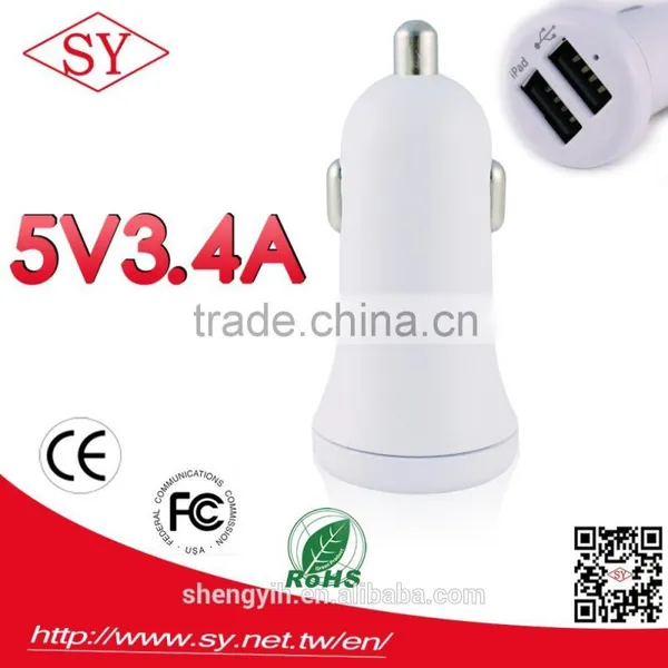 SY D6 5V 3.4A 2 USB Port Car Charger White Color Charger Dual USB CE Rohs FCC