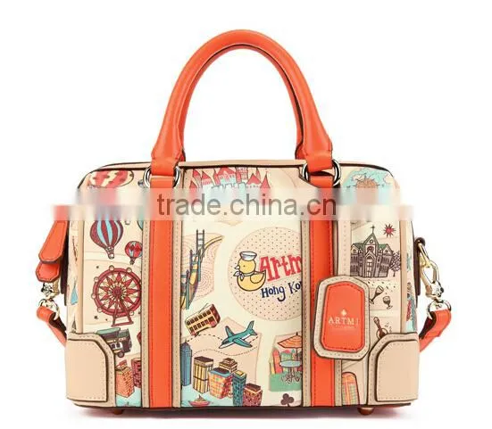 Fashion Pu Leather Women Bag Canvas Tote Bag With Colorful Pics Printing photo-2