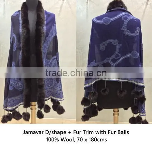 Jamawar Shawls Jamavar D/Shape Fur Trim With Fur Balls 02