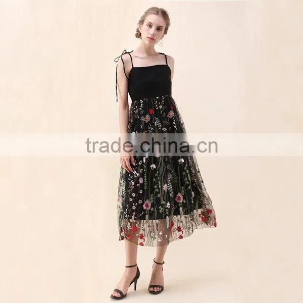 NEWEST WOMEN Self-tie Strap and Floral Embroidery Black Mesh Dress photo-2