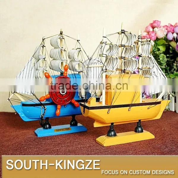 Navy Marine Blue/Yellow Color Wood Sailing Boat Display Model photo-6