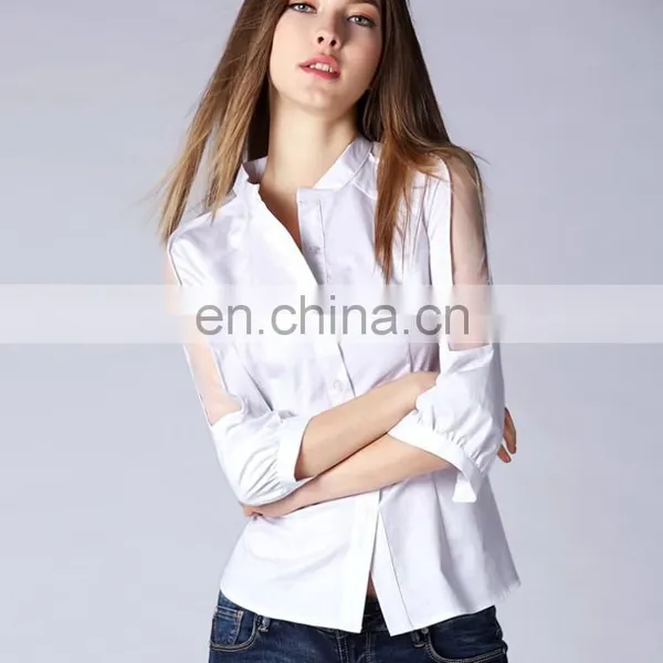 OEM/ODM Ladies Fashion Stand Collar 3/4 Sleeves Sexy Organza off Shoulder Fitting Shirt photo-2