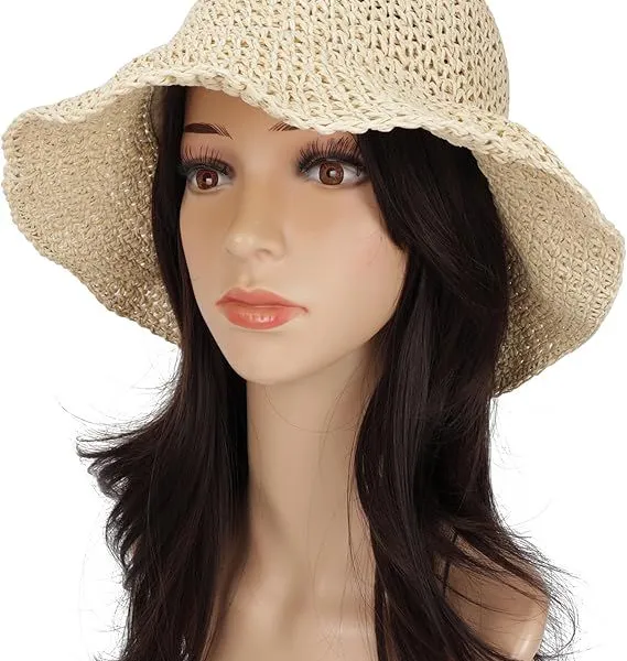 Womens Floppy Straw Sun Hat Foldable Packable Wide Brim Summer Beach Hat Crochet Bucket Hat