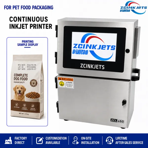 CIJ Inkjet Coding Machine for Dog Food Bags Pet Food Packaging Date Code Batch Information and Product Identification Printing
