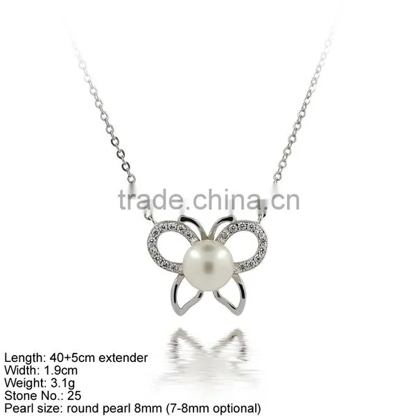 NPA2-001Butterfly Shape 925 Sterling Silver Necklace CZ Stones & Pearl