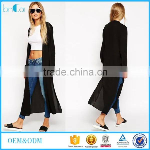 Latest Fashion Maxi Kimono With Side Splits Long Sleeve Black Long Kimono