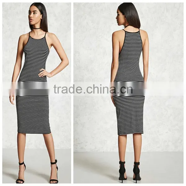 Lady Knit Allover Stripe Round Neck Cami Straps Bodycone Sun Dress