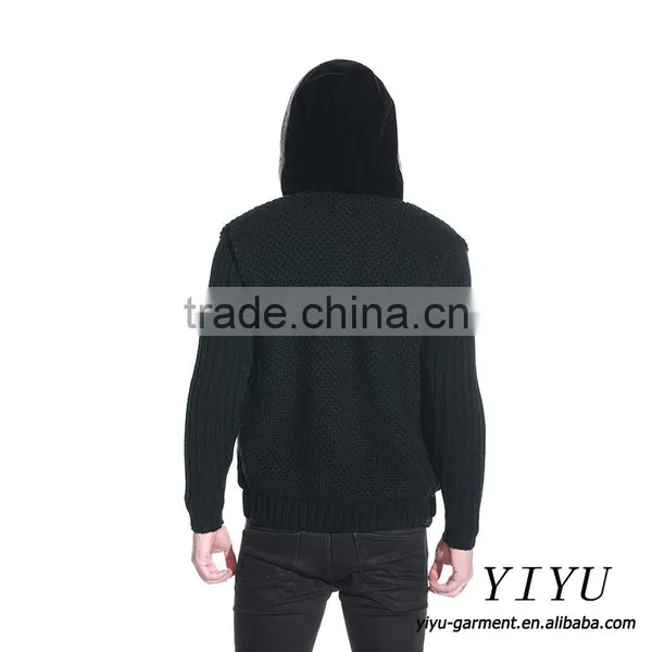 Men Patchwork Leather Knitted Jackets Coat Alpaca Hooded Sweater With Zipper photo-2