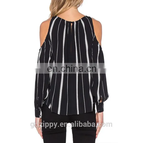 Fashion Cutting Chiffon Blouse Design Black Withe Stripe Cold Shoulder Lady Blouse photo-3