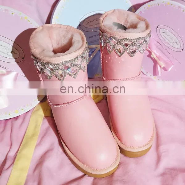 Aidocrystal Fashion Rhinestone Winter Shoes Lovely Pink Ankle Flat Boots for Girls photo-2