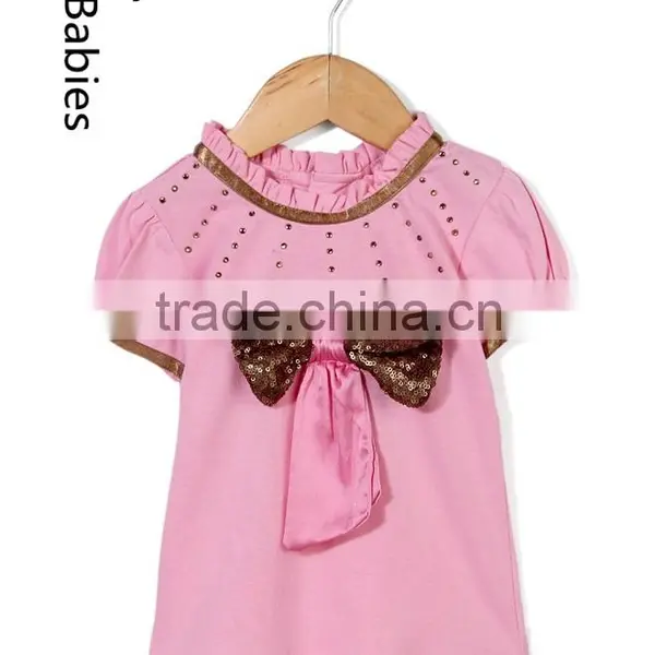 Latest Pink Tops for Girls Short Sleeves Sequin Bow Applique Tops