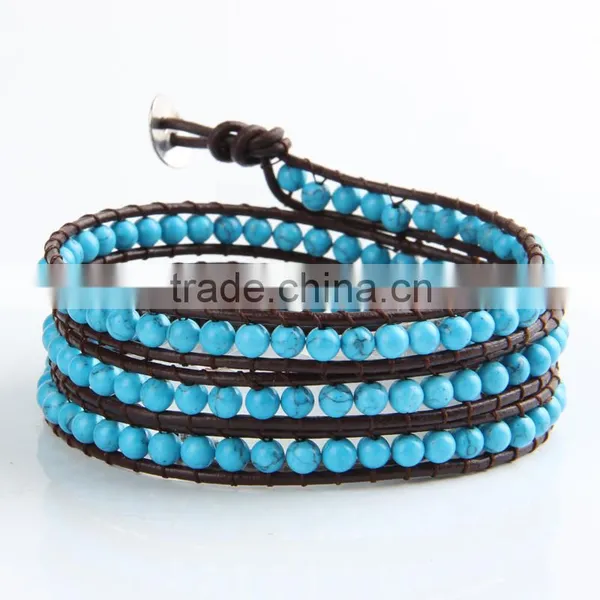 Retro Vintage Lovely Multilayer 4mm Round Blue Turquoise And Hand Knotted Brown Leather Wrap Bangle Bracelet photo-2
