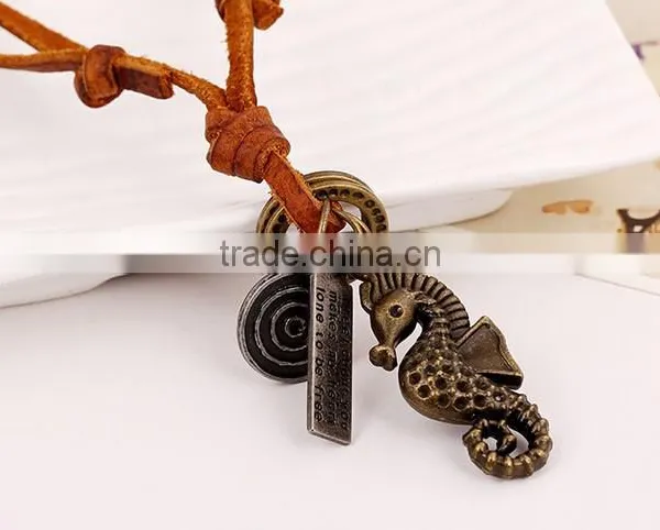2016 New Design Vintage Hippocampus Leather Necklace Men Handmade Jewelry photo-3