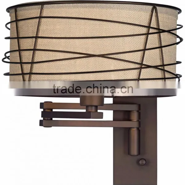 1031-1 Wire Cage Detail Surrounds a Burlap Shade a Rich Bronze Metal Swing Arm Wall Lamp photo-2