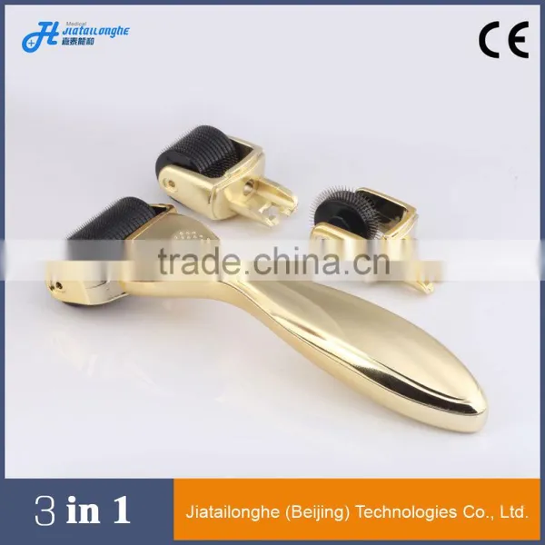 Professional Skin Dema Roller Kits Stainless Micro Needle Therapy Golden 3 in 1 Derma Roller for Scar Removal photo-3
