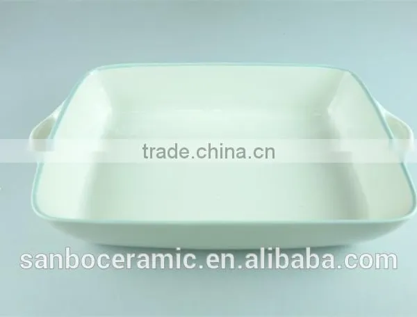 Enamel Ceramic Baking Dish White Green Line Decor Serving Dish Rectangular With Handle photo-2
