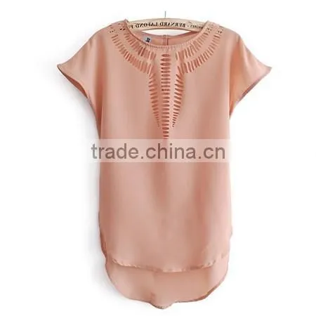 2015 Stylish Lady Women's Casual Front Hollow Out O-neck Batwing Sleeve Chiffon Blouse EU000031 photo-3