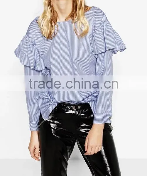 Runwaylover EY2388B 2017 New Style Ladies Fashion Falbala Stripe Blouse photo-3