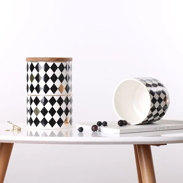 Creative Geometry Rhombus Square Black White Grid Ceramic Canisters Suit For Tea Coffee Sugar photo-2