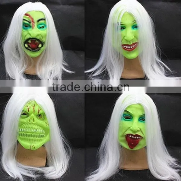 Best Selling Green Halloween Latex Mask Luminous Long Hair Latex Ghost Mask Sale Scary Mask Latex