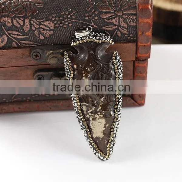 JF6918 Crystal Pave Large Hand Carved Jasper Stone Arrow Head Arrowhead Pendants,Arrow Head Charms Quality Choice photo-3
