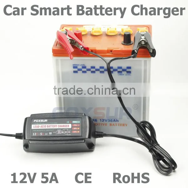 Foxsur Fully Automatic Power Battery Charger 12V 5A Emergency Engine Start Lead Acid Car Battery Charger With 100-240V AC Input