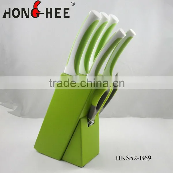 6 Piece Green Handle Kitchen Knife Set With Green Block