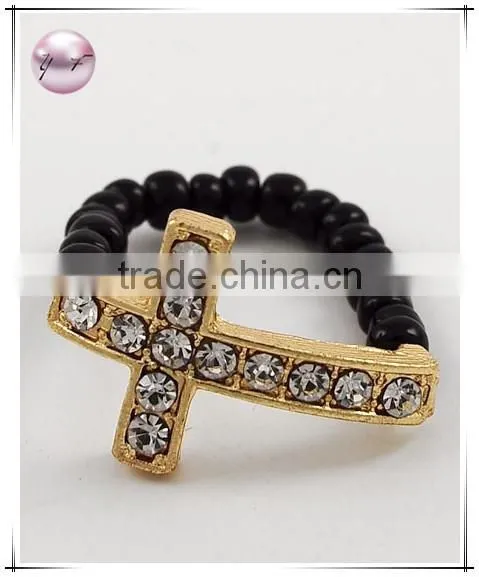 Gold Tone / Black Seed Beads & Clear Rhinestone / Cross Stretch Ring