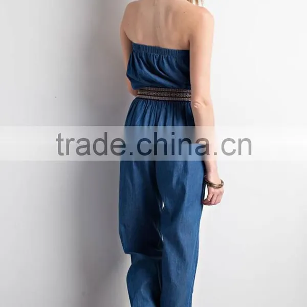 100% Cotton Solid Denim Woven Jumpsuit Elastic Waist Off Shoulder Plus Size Denim Jumpsuit Women photo-4