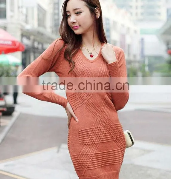 OEM Ladies Fashion Long Sleeve O-neck Tight Knitting Woman Pullover Sweater Dress