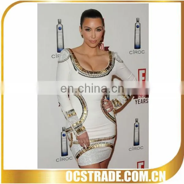 2014 Women White/black Beaded Gold Long Sleeve Bandage Dress
