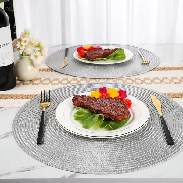 4 Pack Round Braid Grey Color of Place Mats Pot Holders Wicker Tablemats Boho Braided Heat Resistant Mats, Plate Chargers for Table photo-5
