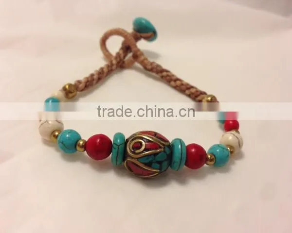 Thailand Handmade Bracelet Bangle With Turquoise and Brass Beads