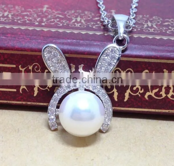 Personalized 925 Sterling Silver Fresh Water Natural Pearl Rabbit Bunny Pendant Necklace photo-3