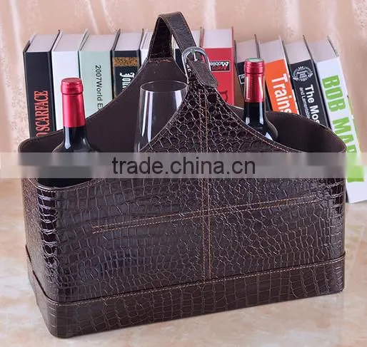 High Grade Crocodile Pattern Leather Magazine Clothing Wine Basket Holder for Storage, Leather Gift Basket photo-3
