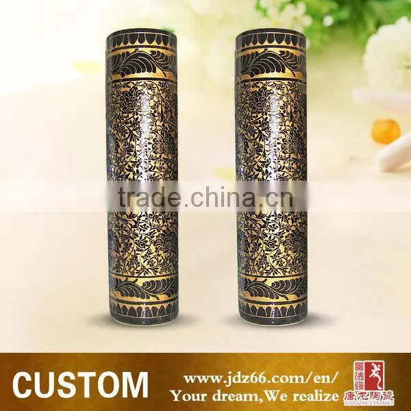 Customize Ceramic Black Cylinder Gold Metal Decorative Vases