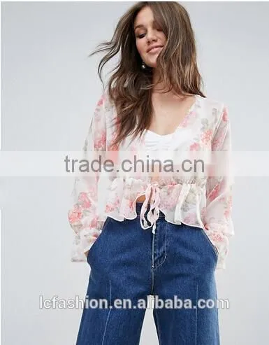 OEM Service Supply Type Women Sexy Tops and Blouses Floral Print Plunge Blouse photo-2