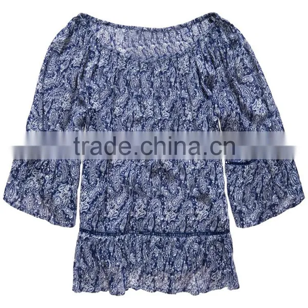 2017 Guangzhou Shandao Latest Fashion Summer Design 3/4 Flare Sleeve Round Neck Printed Loose Ladies Chiffon Tops photo-5
