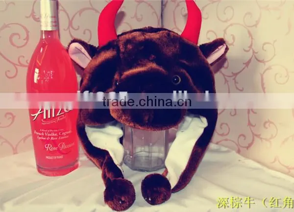 Brown Color Cow Plush Warm Hat Earmuff With Ear Poms Cartoon Animal Cap photo-2