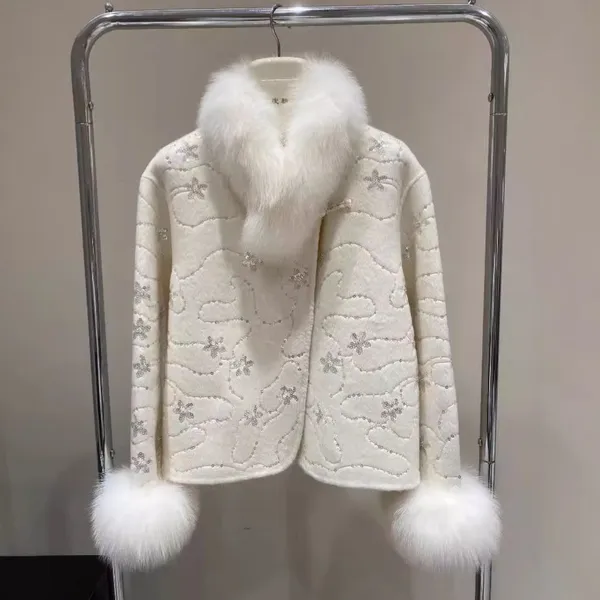 Heavy Industry Wool Coat, Sequined Beads, Hand-made Double-sided Woolen, Short Young Fox Fur Coat, Small Height Coat