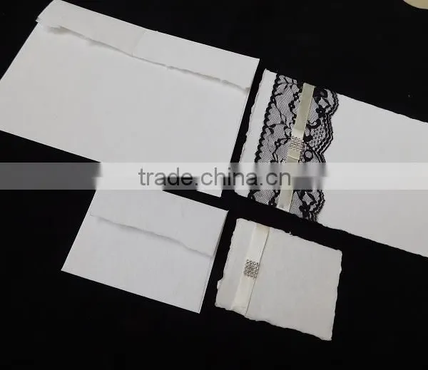 Cotton Rag Handmade Paper Wedding Invite Lace and Ribbon Invitation With Deckled Envelope and Rsvp Card photo-3