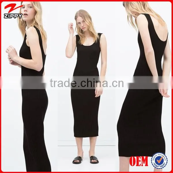 New arrival sleeveless long black maxi dress in flat knit rib fabrics