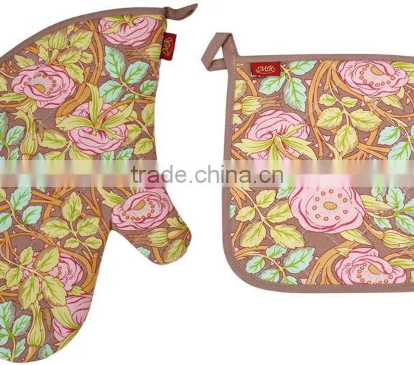 2015 HIGH QUALITY NEW DESIGN PRINTING FLOWERS AND PLANTS COTT MK-2602B&2606BON (OVEN MITT& POT HOLDER) KITCHEN SET