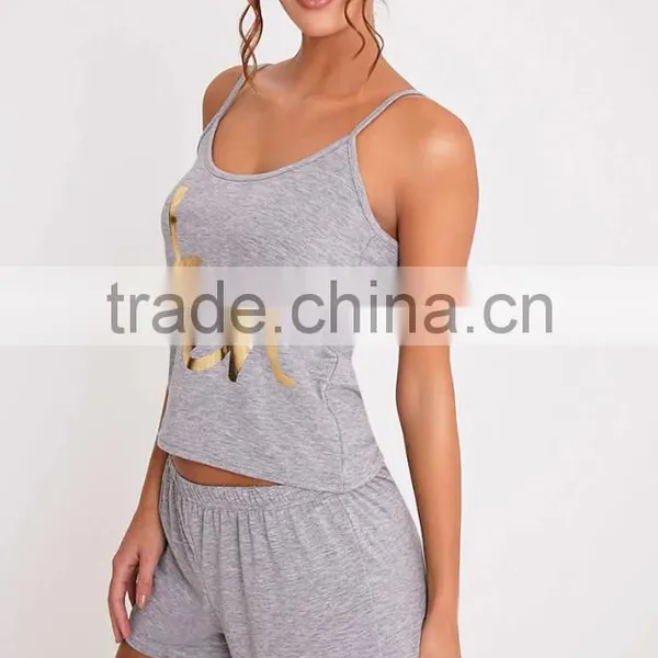MGOO Slogan Grey Pyjama Short Set 100%Cotton Summer Slip Pajamas Custom Logo Golden Ink Print PJ Set photo-3