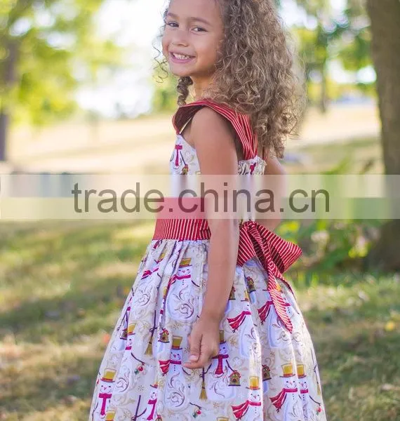 2017 Christmas Girl Party Dress Red Striped Snowman Printed Dress photo-4