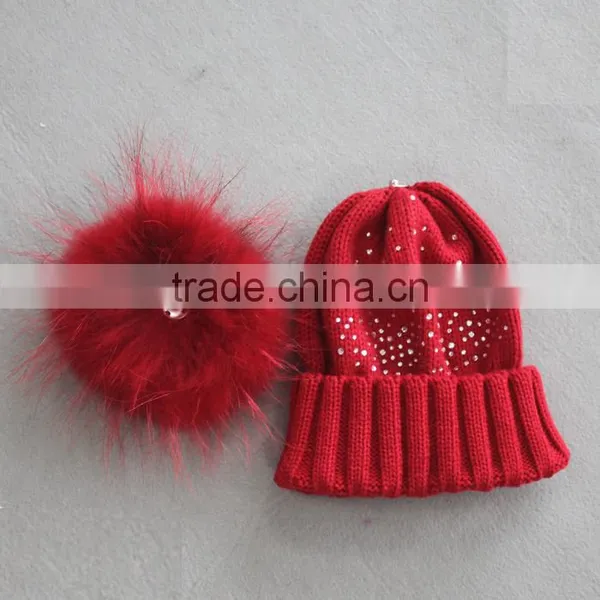 Myfur Latest Design Beige Color Turn Up Beanie With Stone Decoration Real Raccoon Fur Pom Pom photo-5
