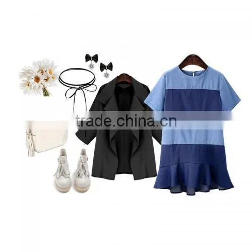 Cotton Plus Size One-piece Dress Loose Patchwork Striped Blue Top Selling Products 2017 photo-3