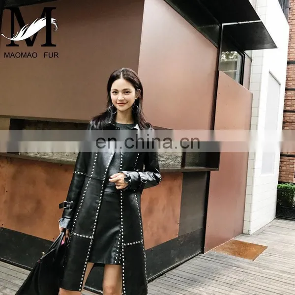 Women Fashion Long Black Rivet Real Leather Coat Leather Trench Coat photo-3