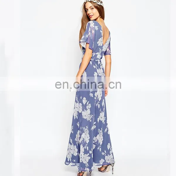 2016 Guangdong Dongguan High Fashion Lady Short Sleeve Printed Chiffon Ladies Long Dress photo-3