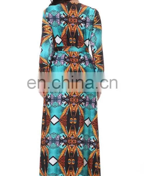 7012# Elegant Front Open Deep V Neck Women Sexy Beach Wrap Floral Long Sleeve Maxi Dress Plus Size Women Clothing photo-4
